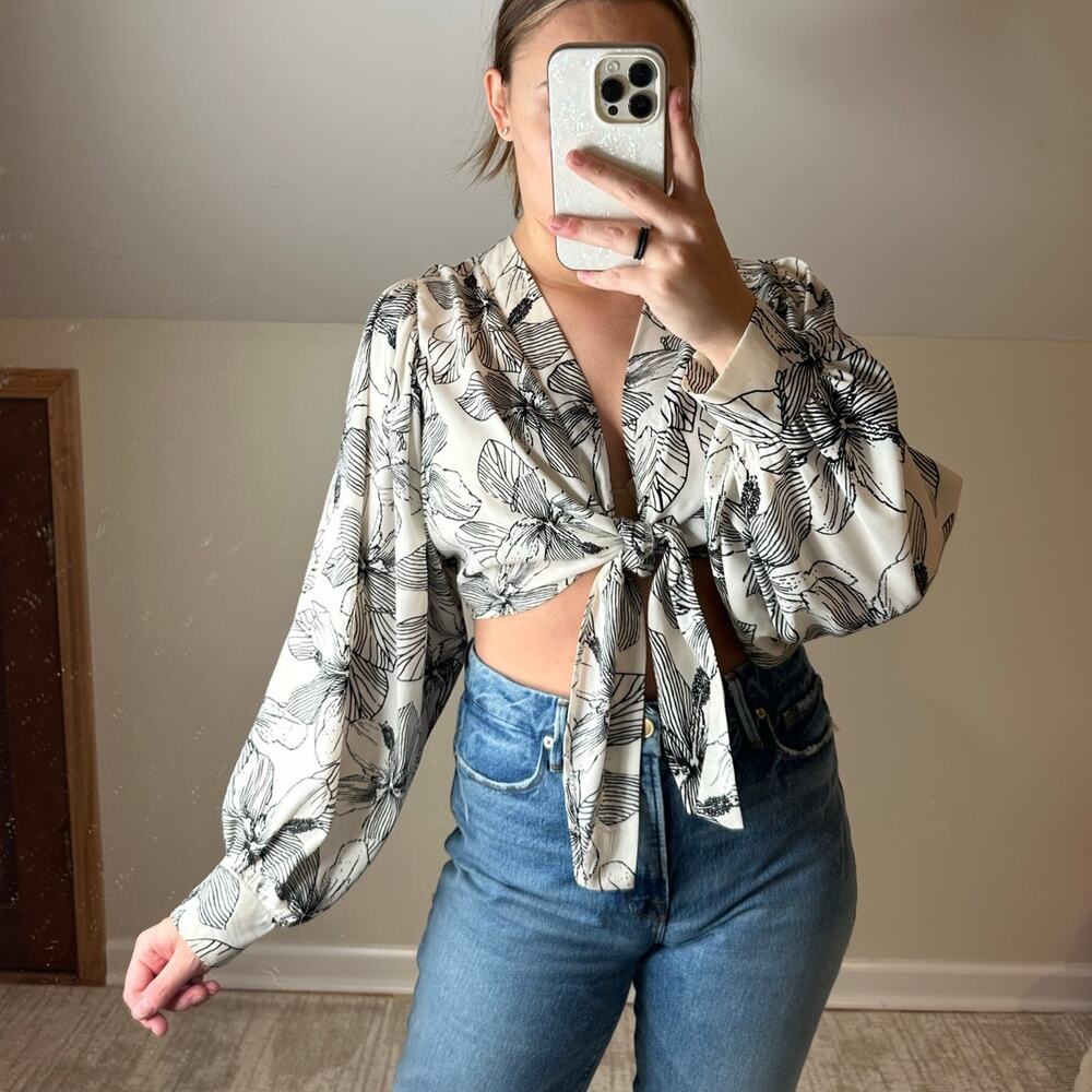 Saints & Hearts: Floral Black and White Front Tie Blouse